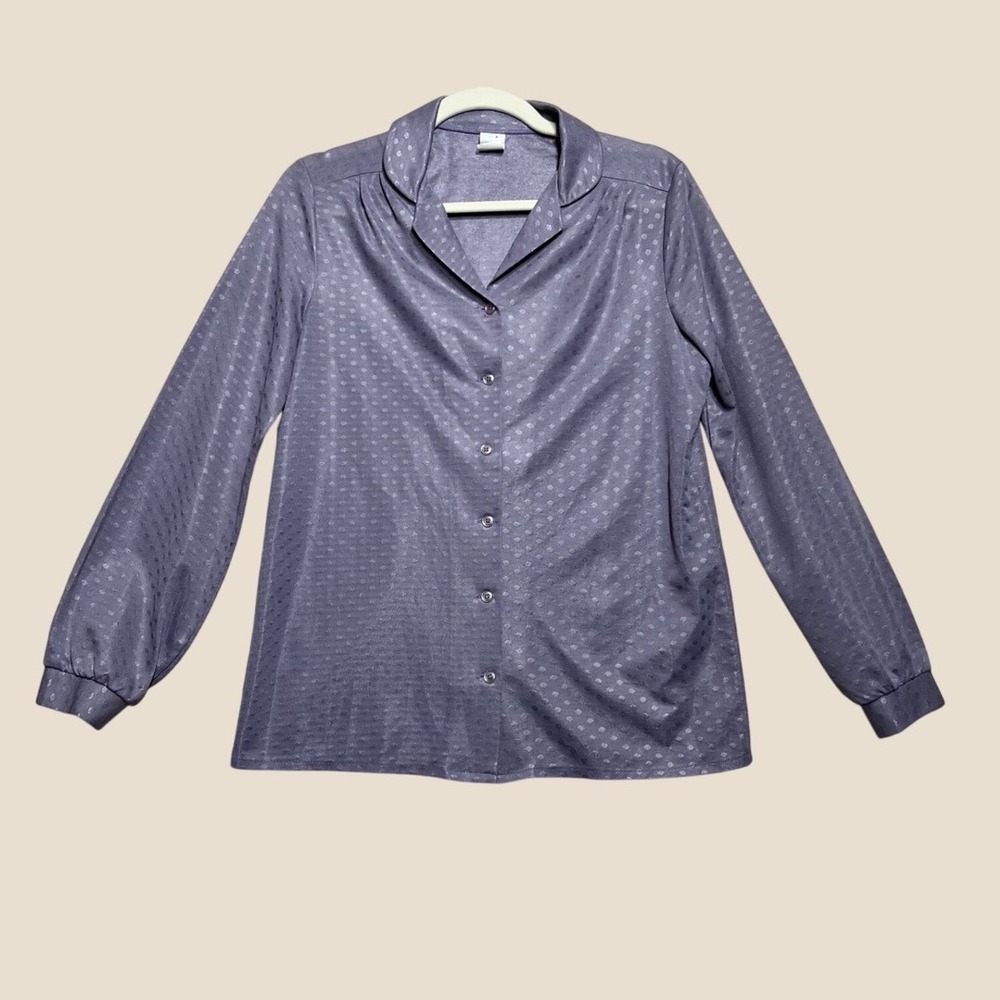 70s JC Penney lavender Polka Dot Polyester Blouse Button Up Shirt Size 14